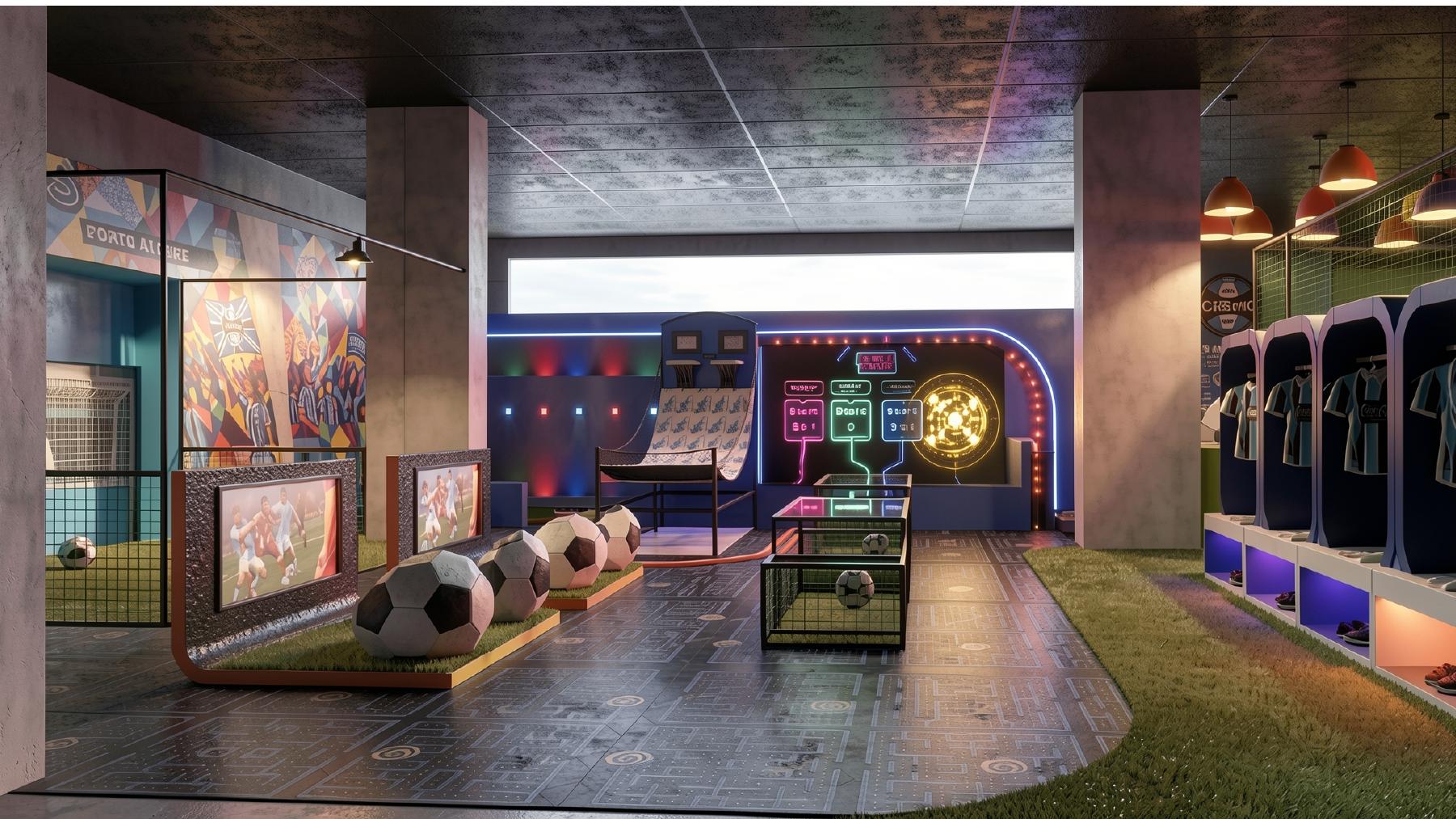 Hub de experiências imersivas com iluminação neon e jogos digitais