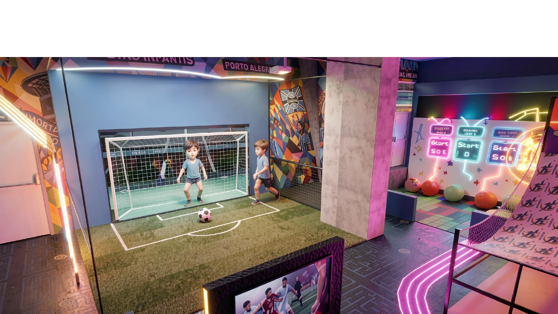 Sala de jogos imersivos com painéis LED e desafios interativos